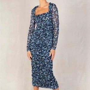 MISHA COLLECTION Blue Floral Ruched Midi Dress